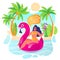 Trendy vector illustration on summer holiday, vacation theme. ÐÐ°Ñ€pÑƒ woman character resting in flamingo swimming circle.